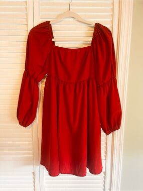 Square-Neck Red Midi Dress with Puff Sleeves